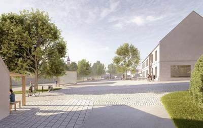 Vize pro obec Hradištko - náves - objekt (vizualizace tým MENU architekti).